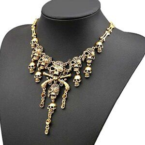Ornate Gold Skull Alloy Jewel Necklace with Gothic Design - New